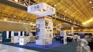 Virginia Transformer booth featuring a prominent hanging sign and a tall tower structure.