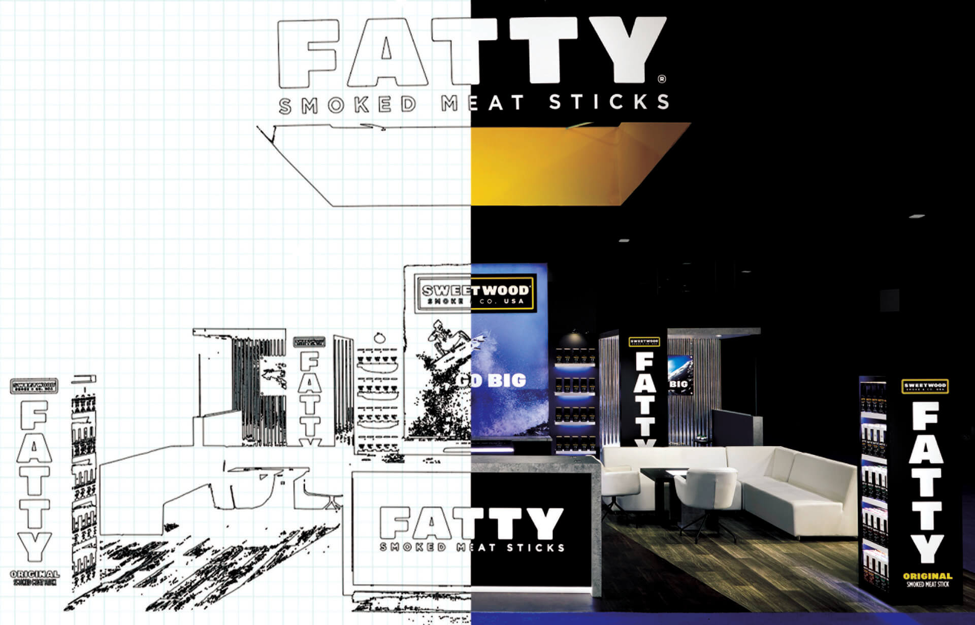FATTY custom trade show booth displayed from initial design sketch to completed installation at the event.