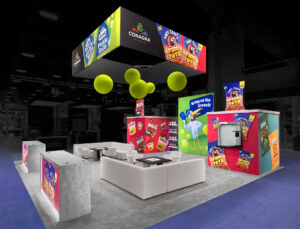 20x30 Custom trade show booth for Conagra showcasing their new product and pickle balls hanging from the banner.