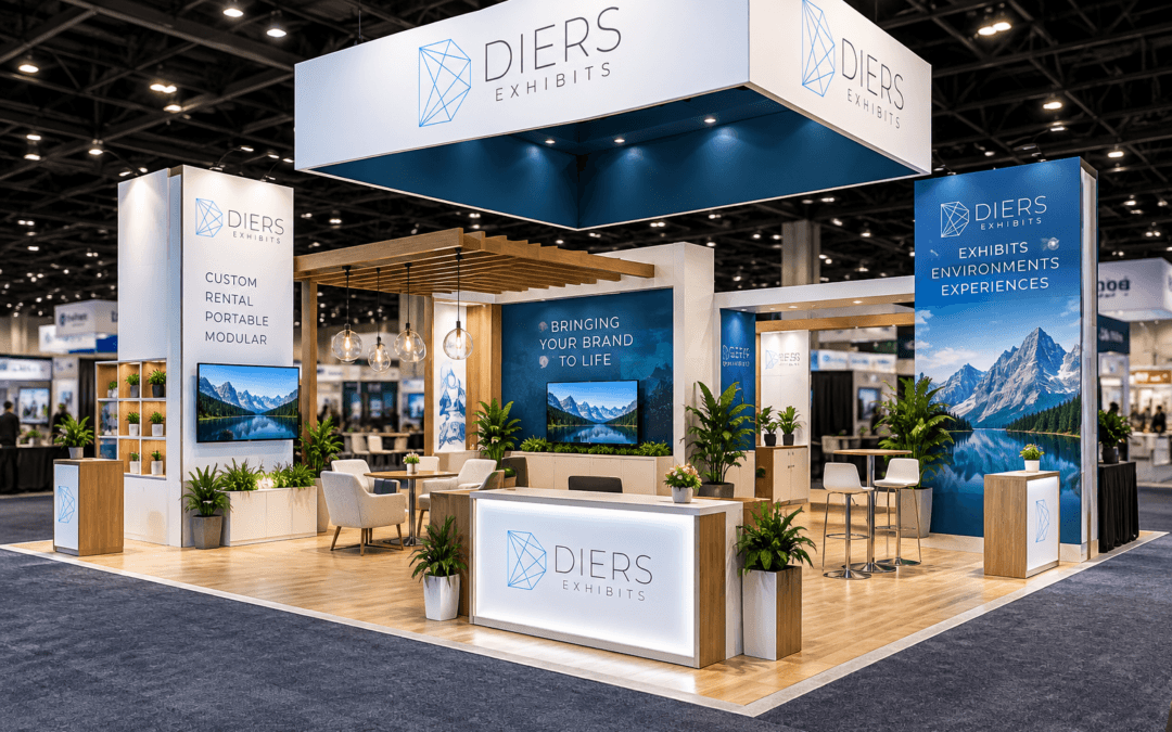 Conceptual 30x30 trade show booth rental with island layout, branded displays and meeting areas