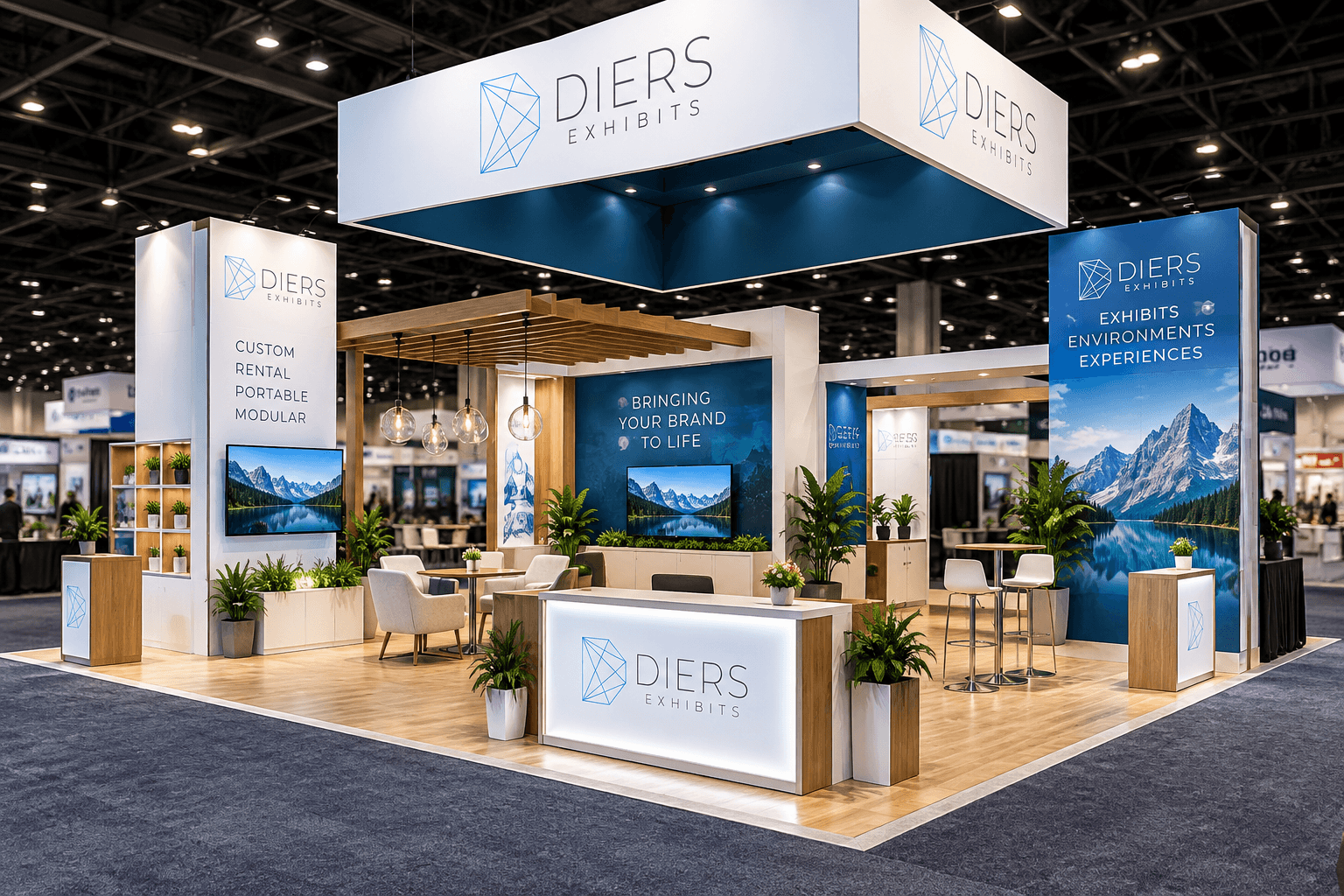 Conceptual 30x30 trade show booth rental with island layout, branded displays and meeting areas
